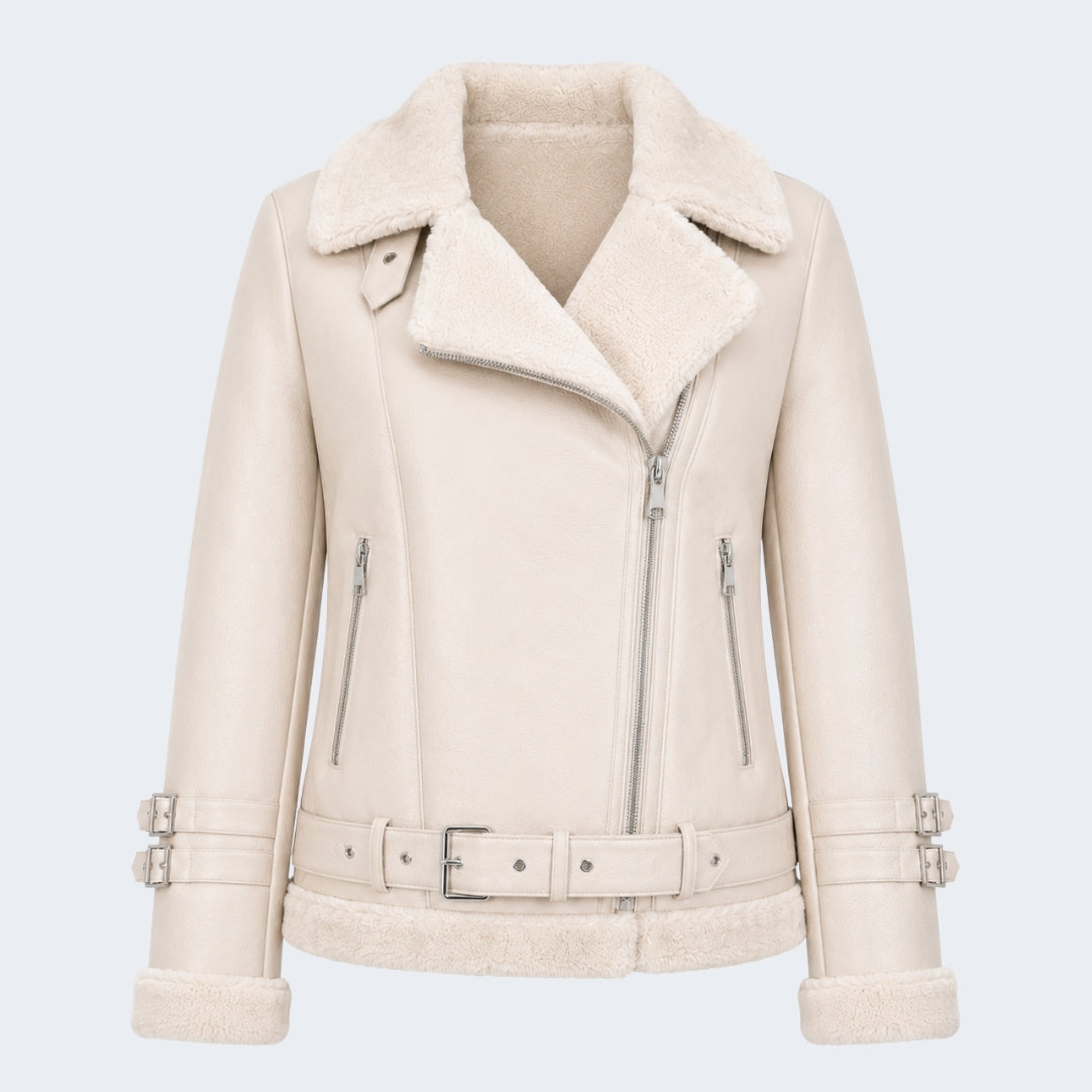Elle Ines Faux-Shearling Biker Jacket Beige RRP £289