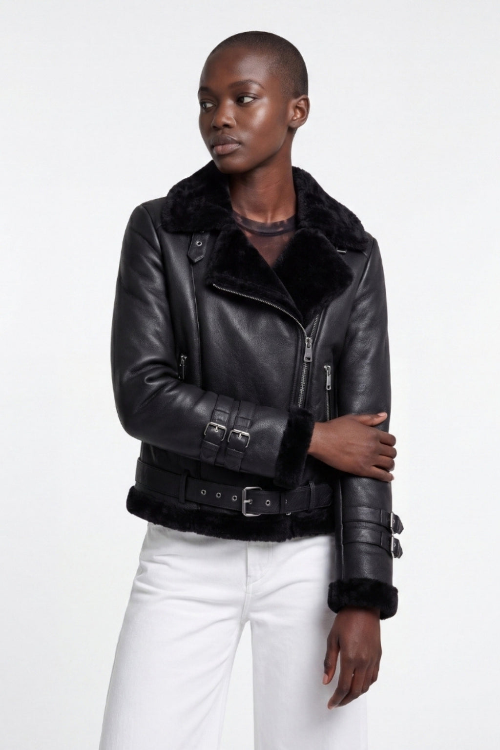 Elle Ines Faux-Shearling Biker Jacket Black RRP £289