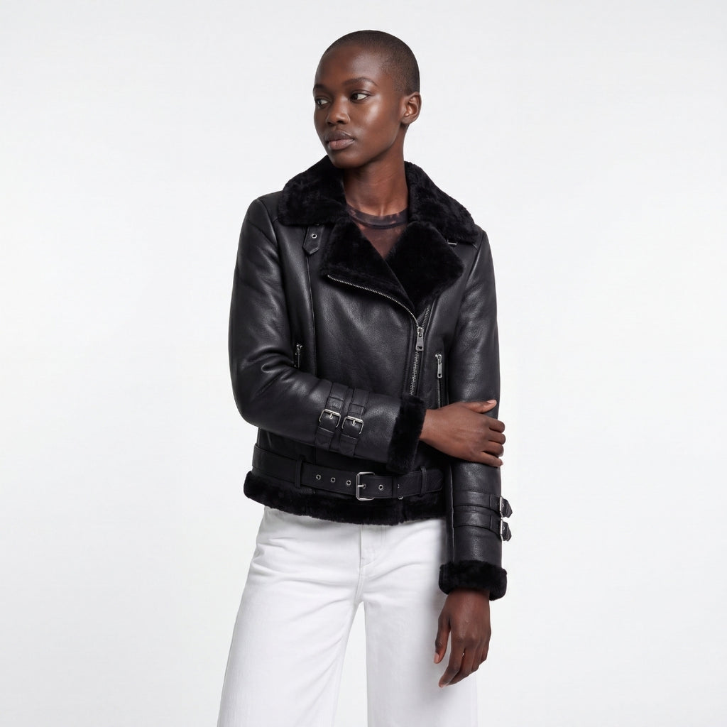 Elle Ines Faux-Shearling Biker Jacket Black RRP £289