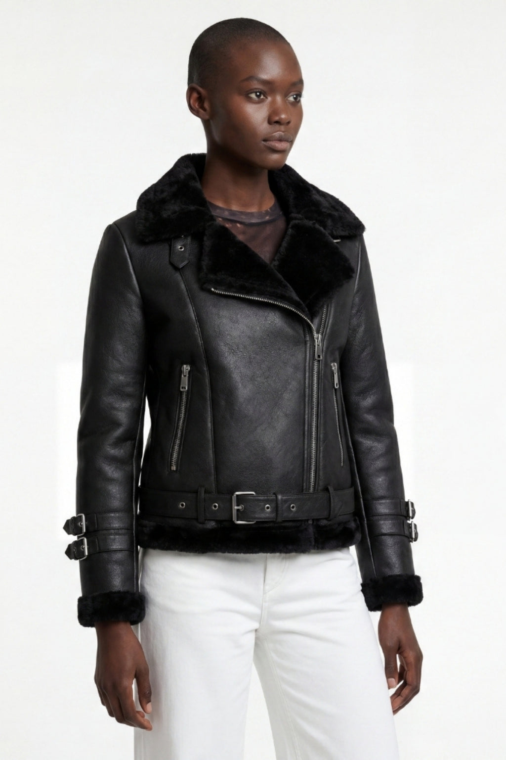Elle Ines Faux-Shearling Biker Jacket Black RRP £289