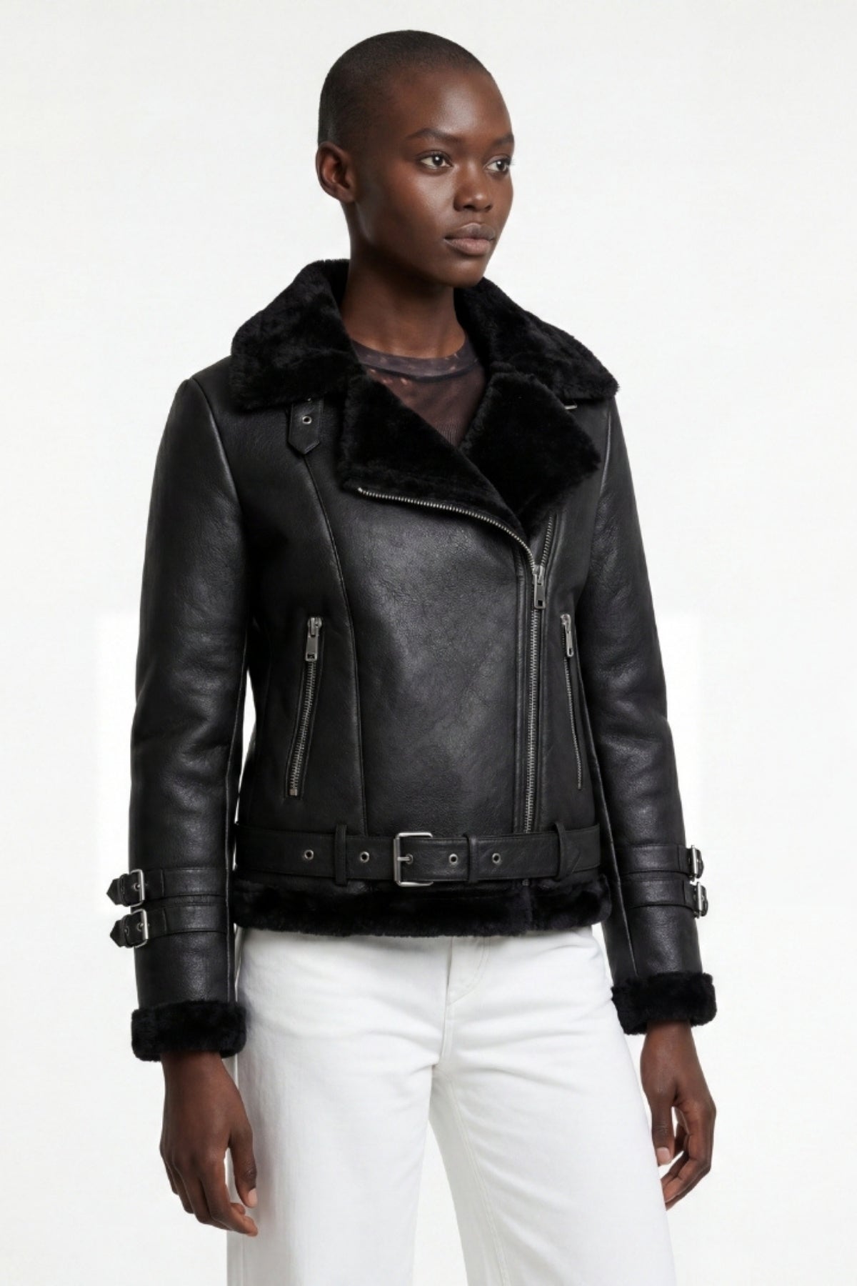 Elle Ines Faux-Shearling Biker Jacket Black RRP £289