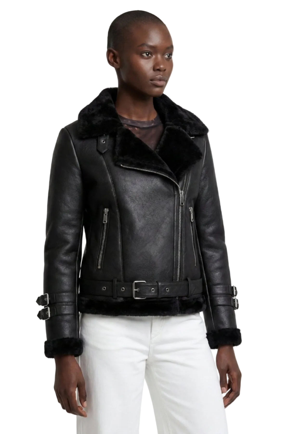 Elle Ines Faux-Shearling Biker Jacket Black RRP £289