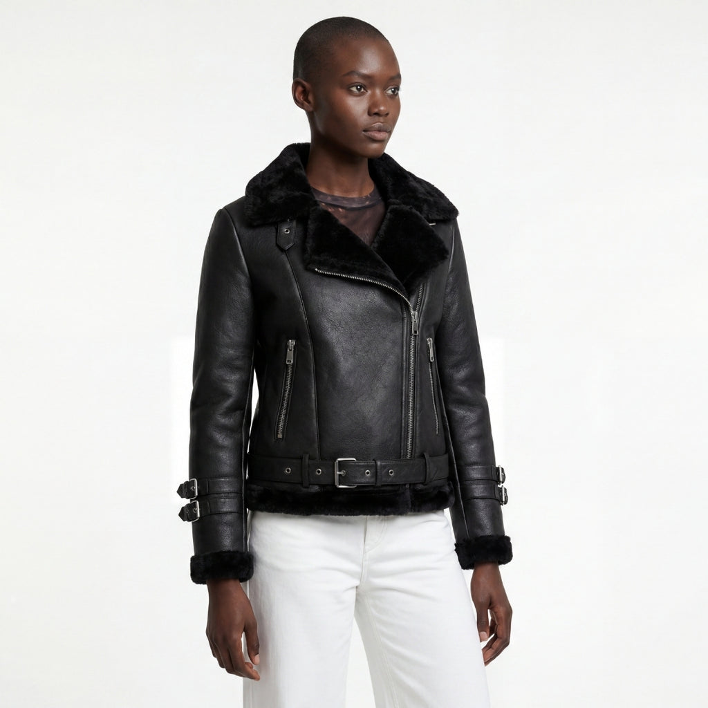 Elle Ines Faux-Shearling Biker Jacket Black RRP £289