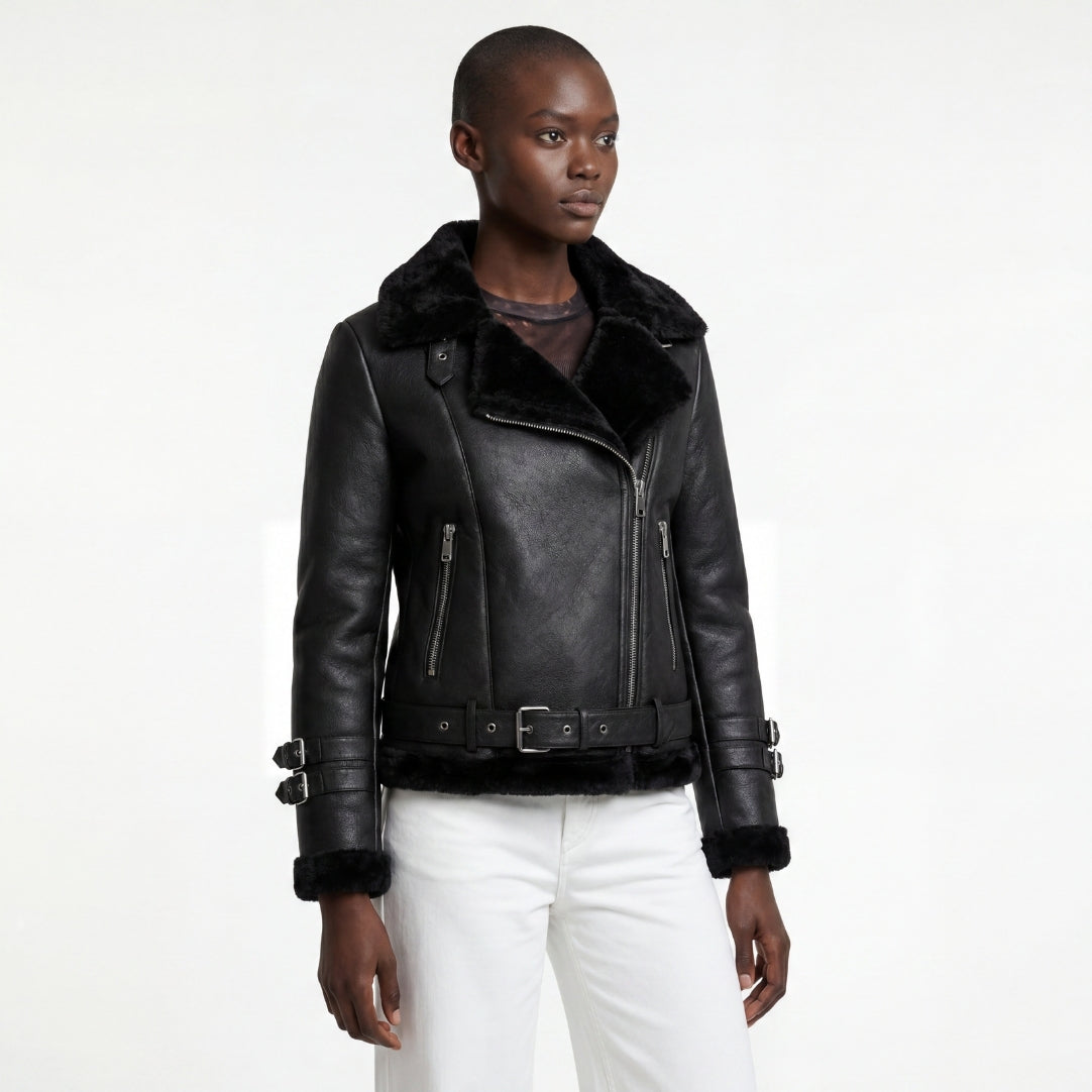 Elle Ines Faux-Shearling Biker Jacket Black RRP £289