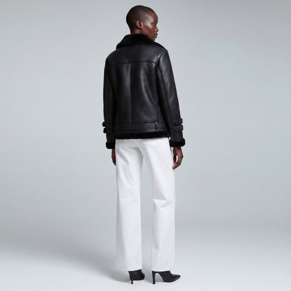 Elle Ines Faux-Shearling Biker Jacket Black RRP £289