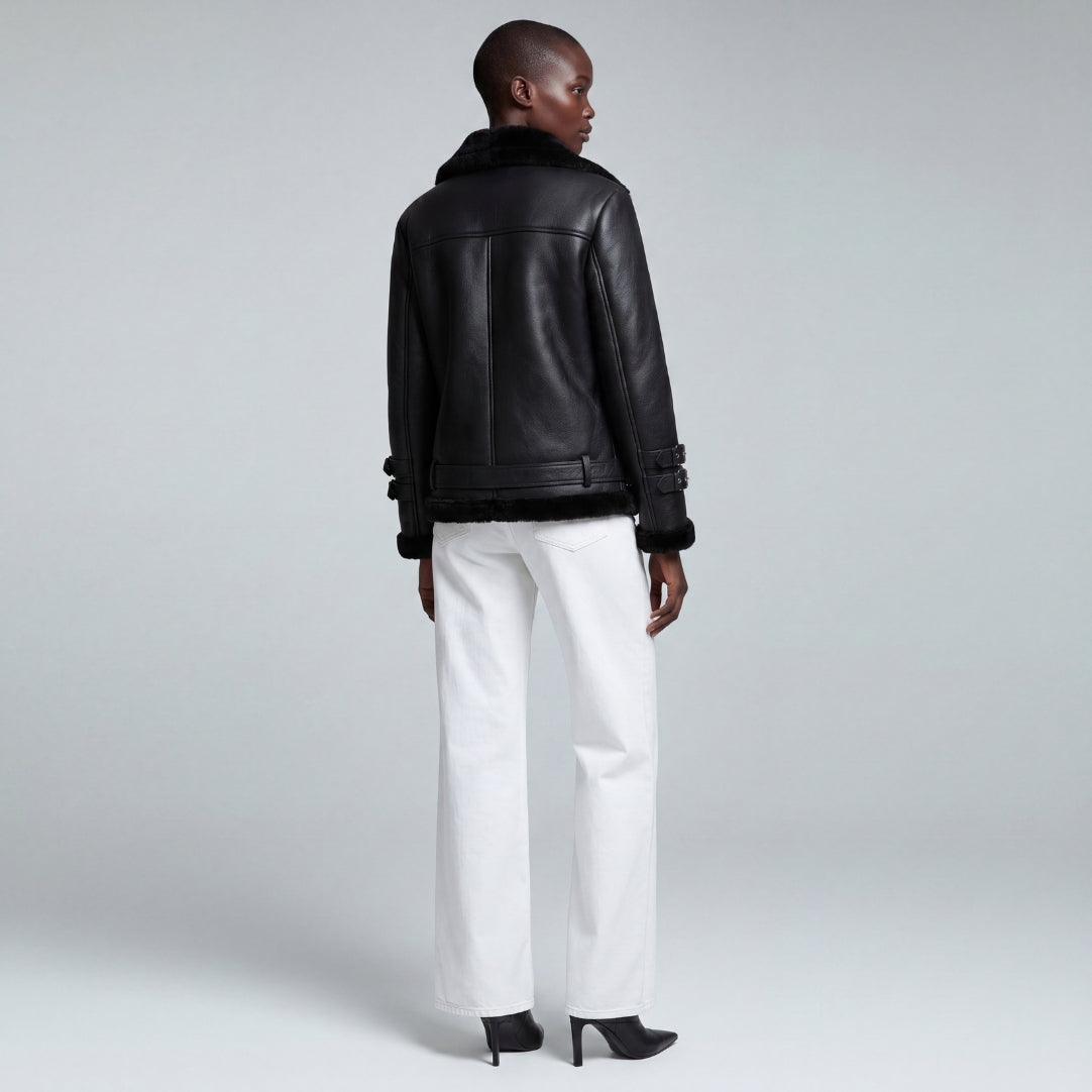 Elle Ines Faux-Shearling Biker Jacket Black RRP £289