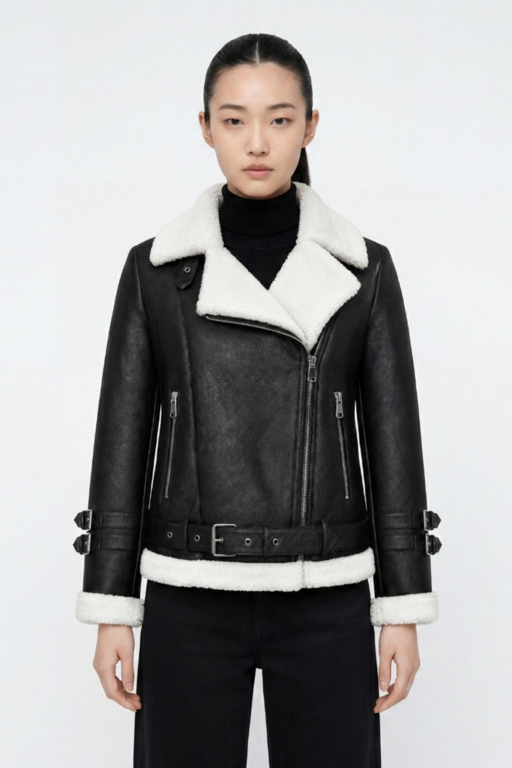 Elle Ines Faux-Shearling Biker Jacket  Black/White RRP £289