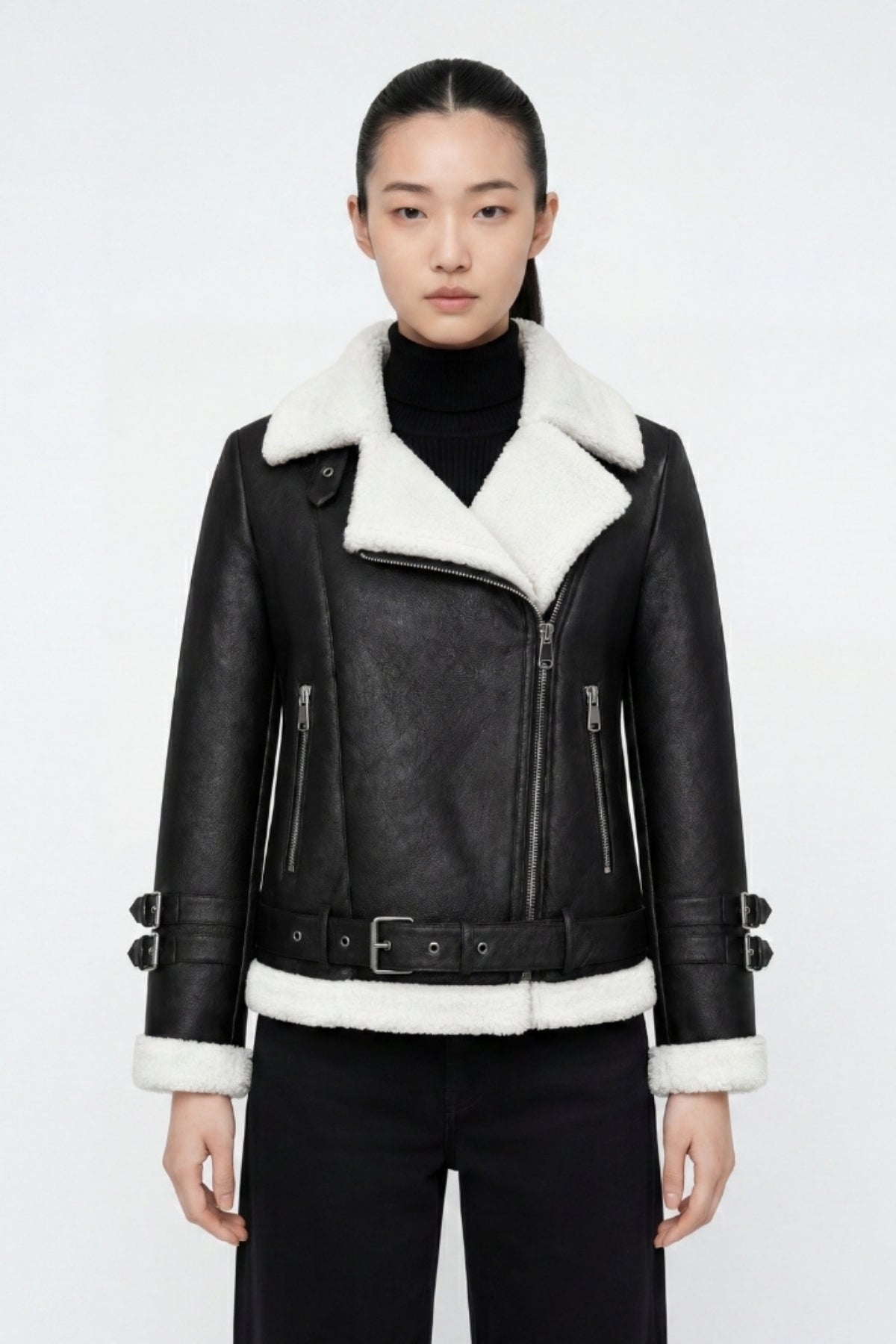 Elle Ines Faux-Shearling Biker Jacket  Black/White RRP £289