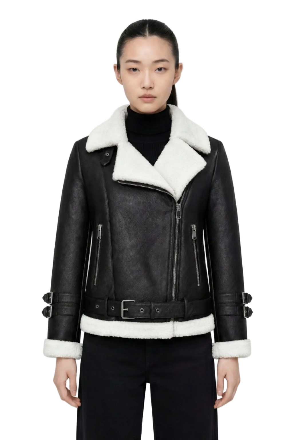 Elle Ines Faux-Shearling Biker Jacket  Black/White RRP £289