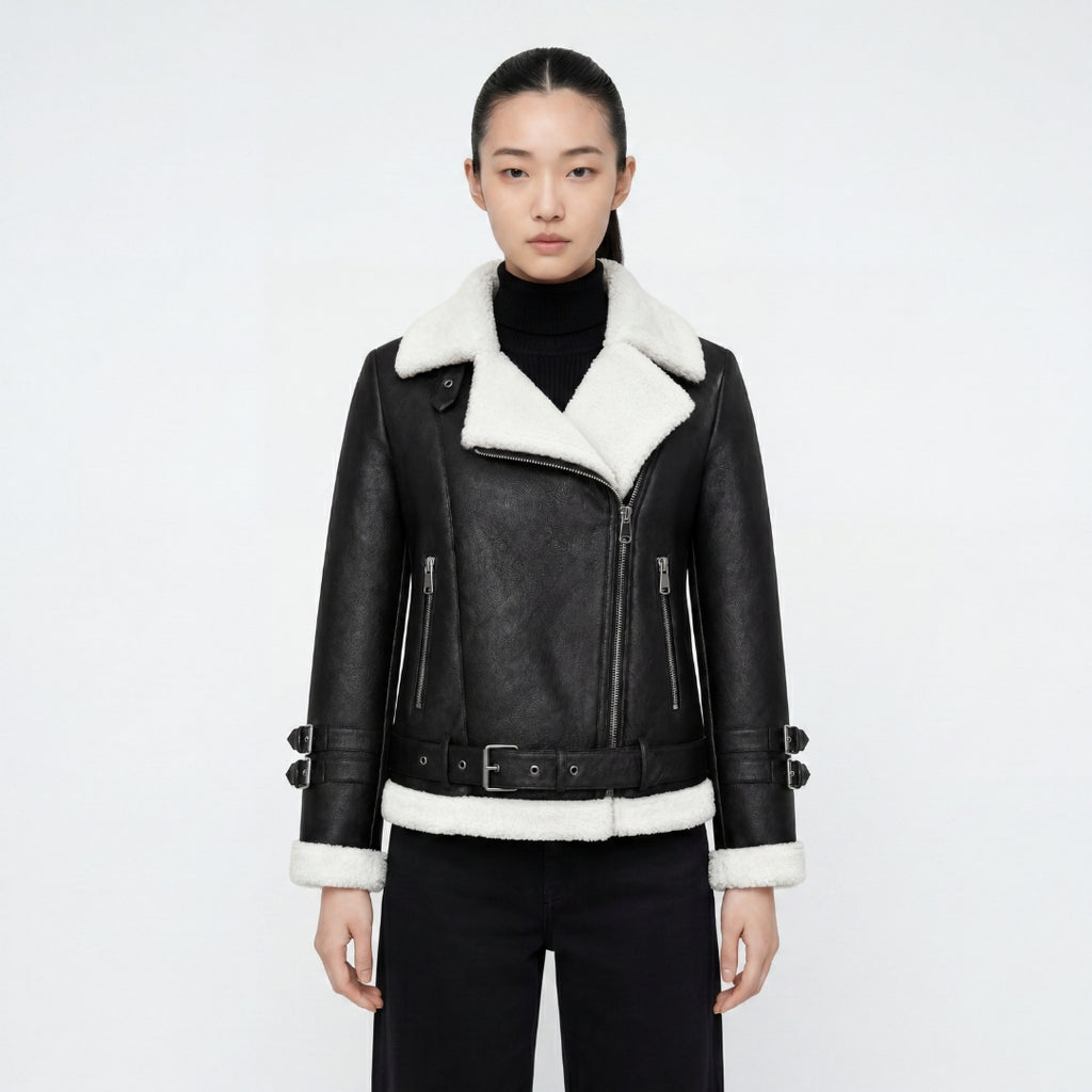 Elle Ines Faux-Shearling Biker Jacket  Black/White RRP £289