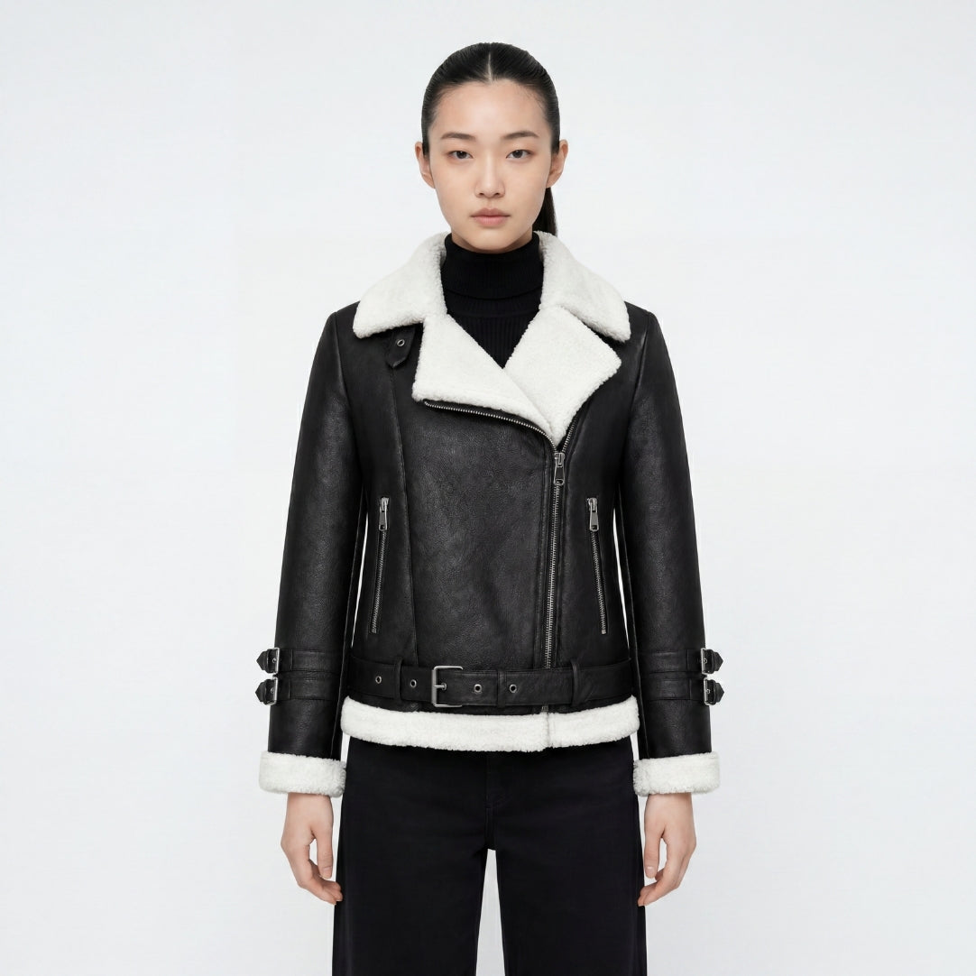 Elle Ines Faux-Shearling Biker Jacket  Black/White RRP £289