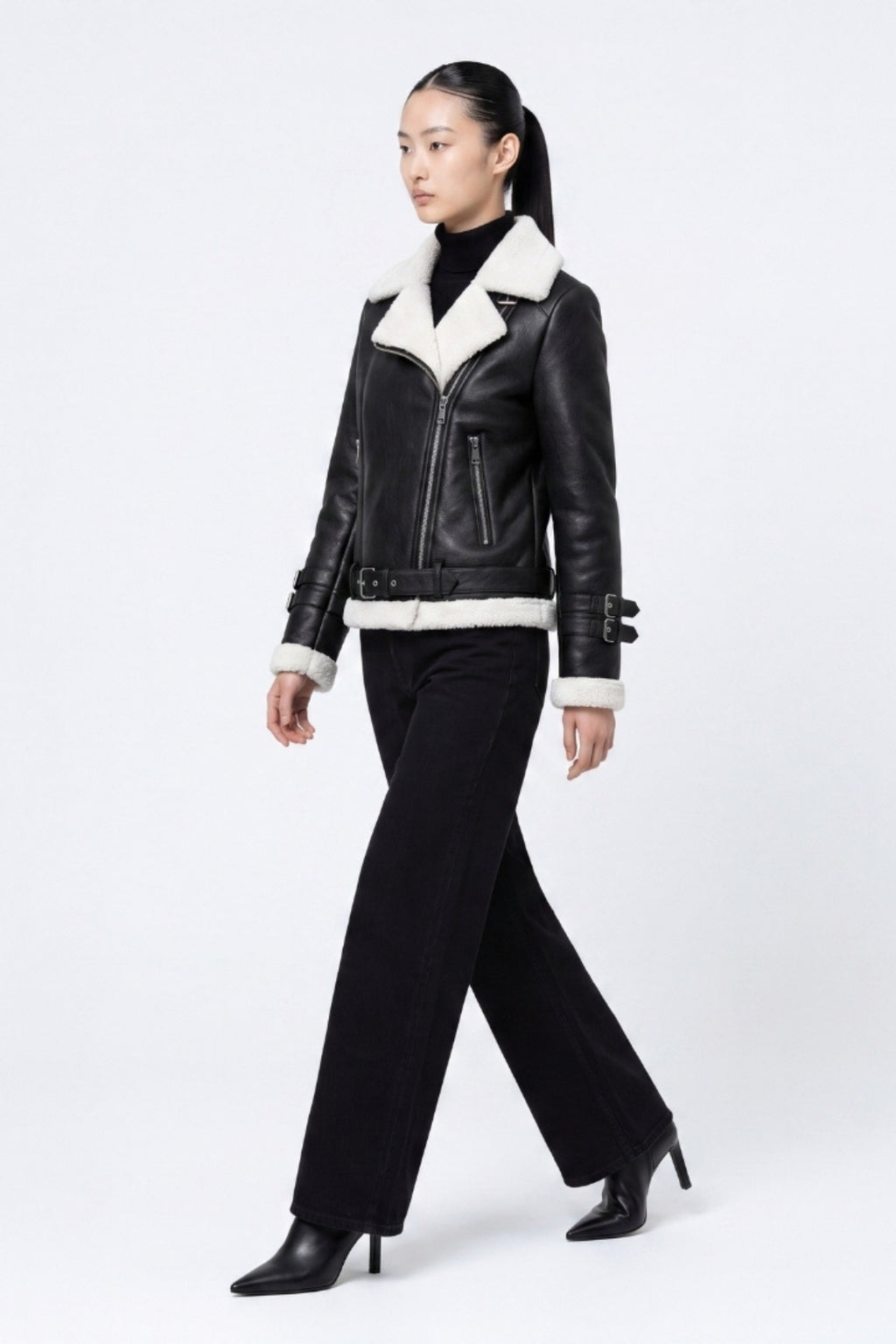 Elle Ines Faux-Shearling Biker Jacket  Black/White RRP £289