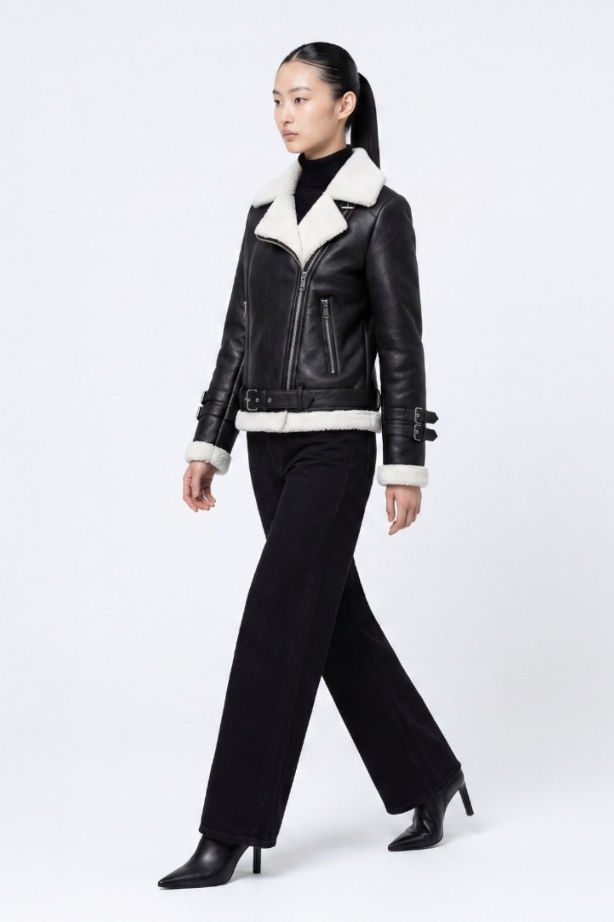 Elle Ines Faux-Shearling Biker Jacket  Black/White RRP £289