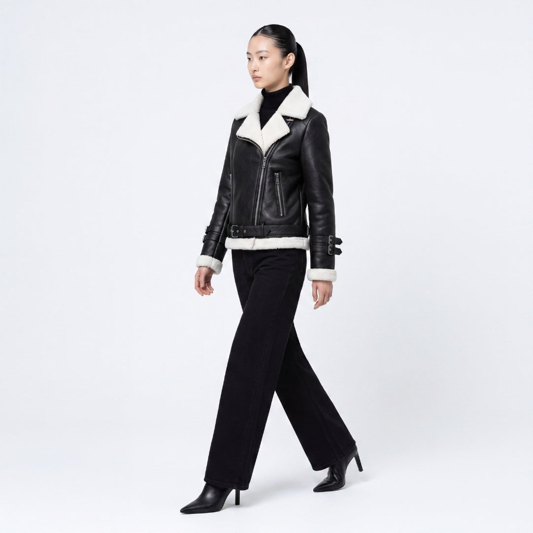 Elle Ines Faux-Shearling Biker Jacket  Black/White RRP £289