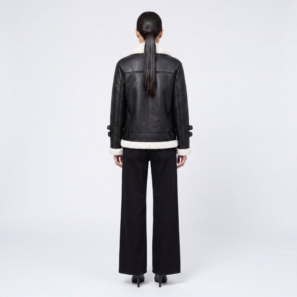 Elle Ines Faux-Shearling Biker Jacket  Black/White RRP £289