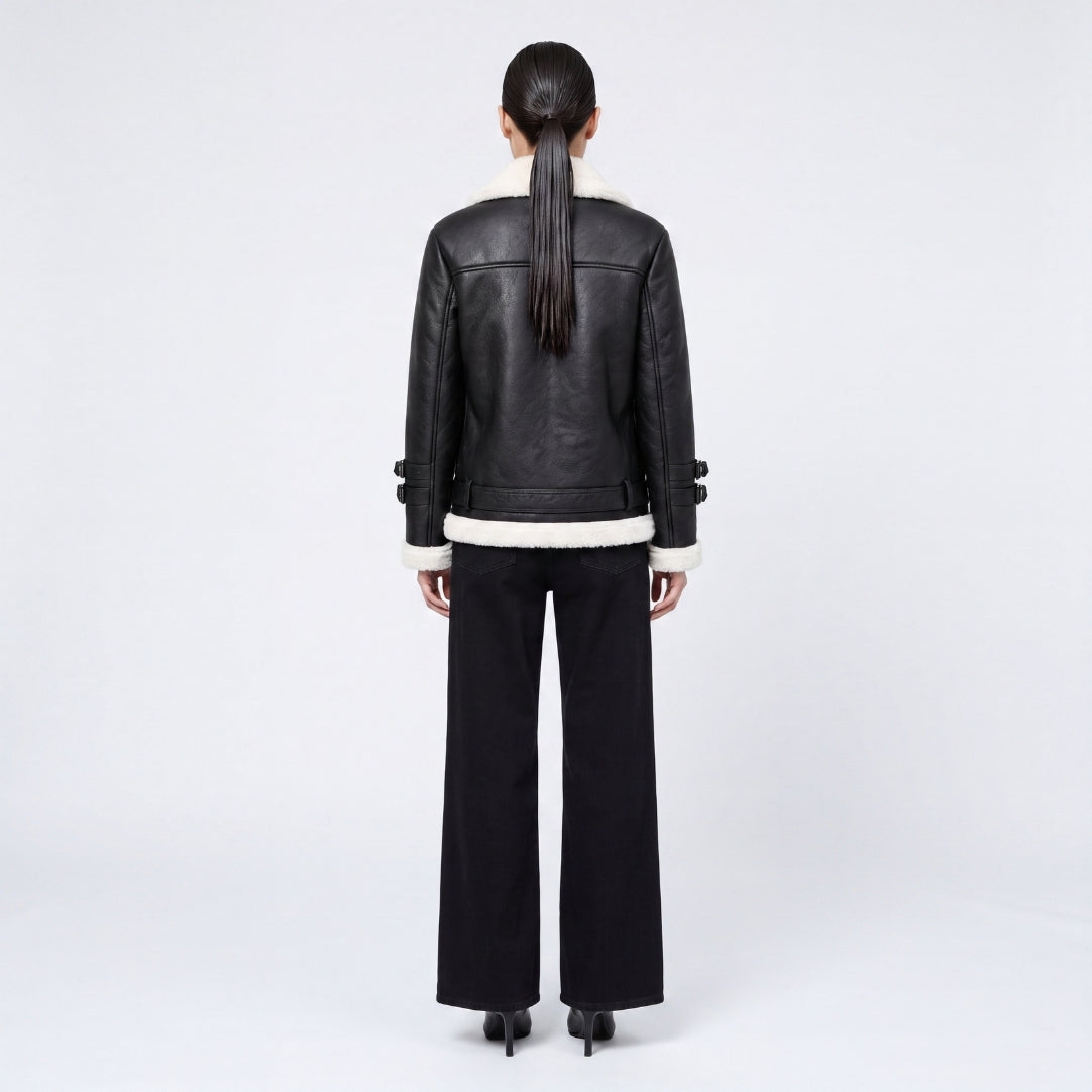 Elle Ines Faux-Shearling Biker Jacket  Black/White RRP £289