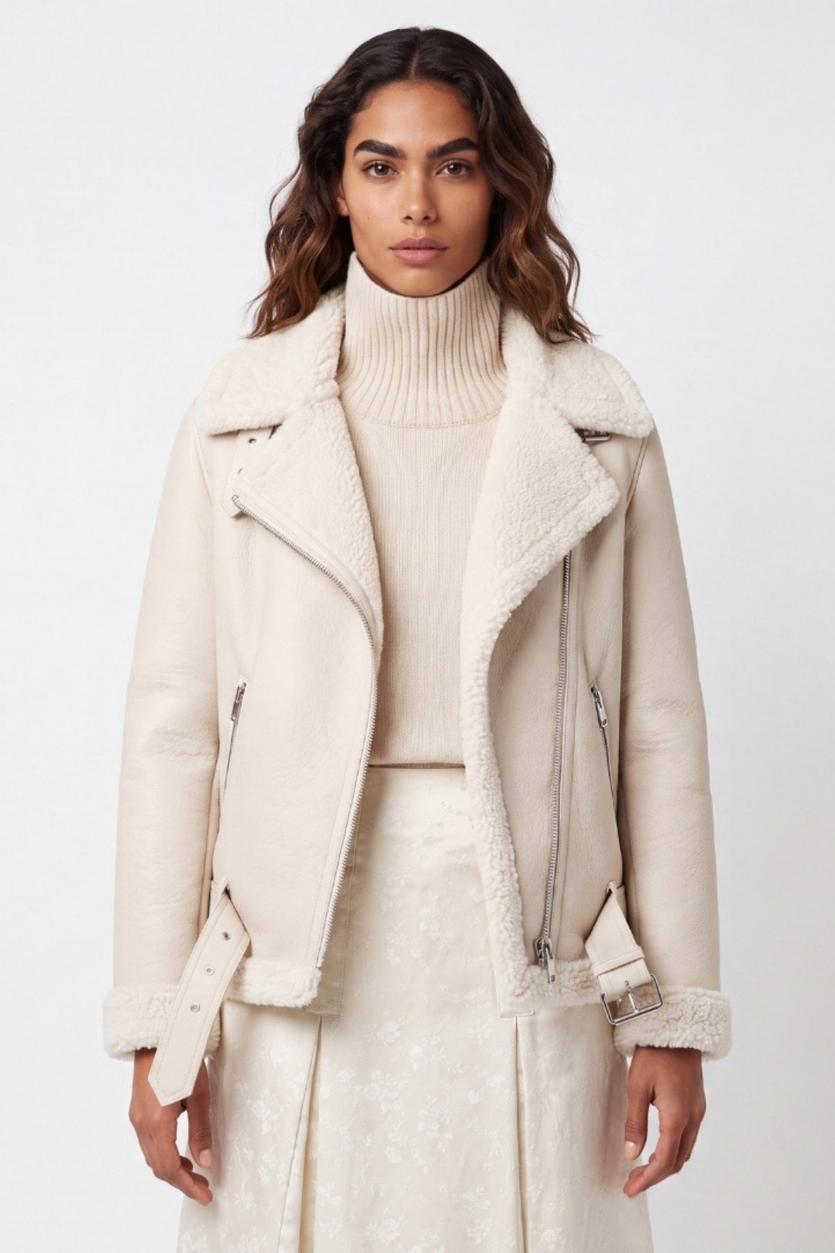 Elle Jolie Faux-Shearling Biker Jacket Beige RRP £269