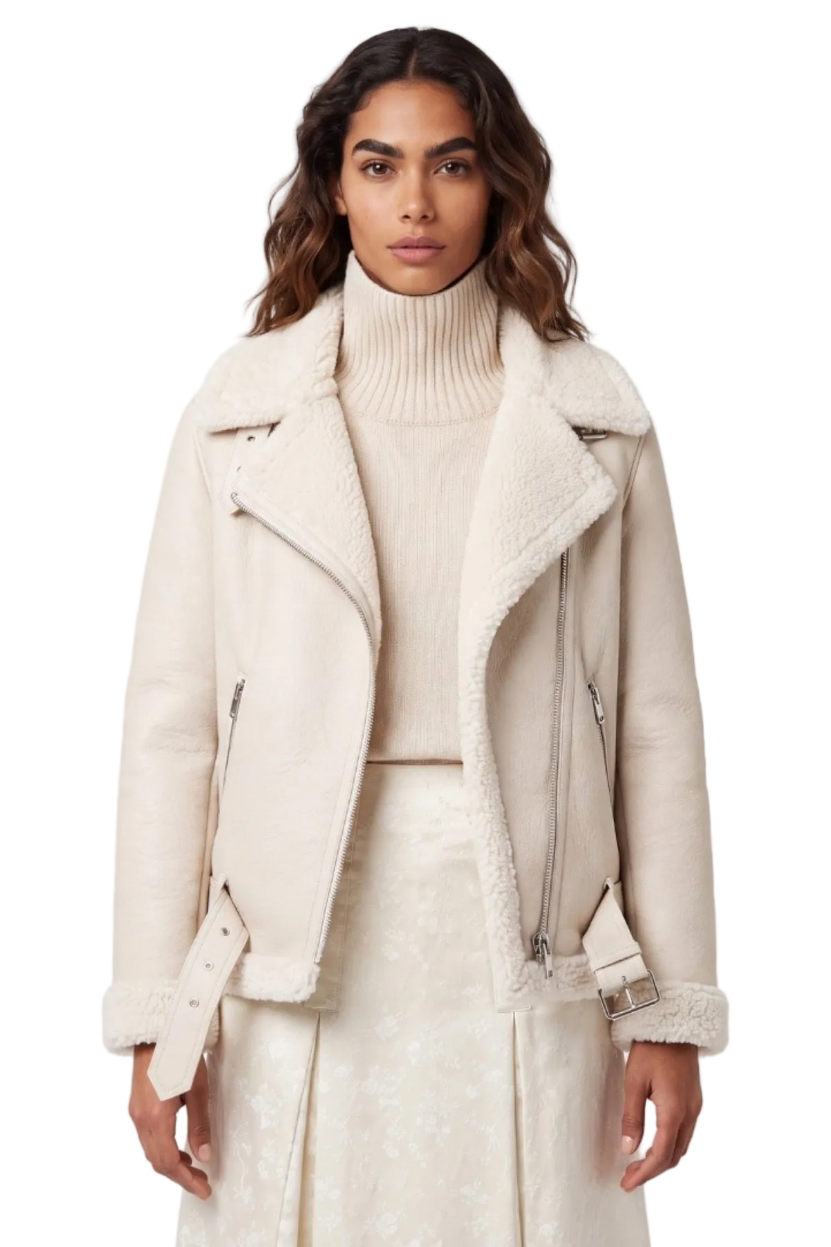 Elle Jolie Faux-Shearling Biker Jacket Beige RRP £269