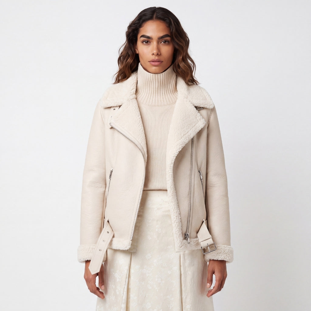 Elle Jolie Faux-Shearling Biker Jacket Beige RRP £269