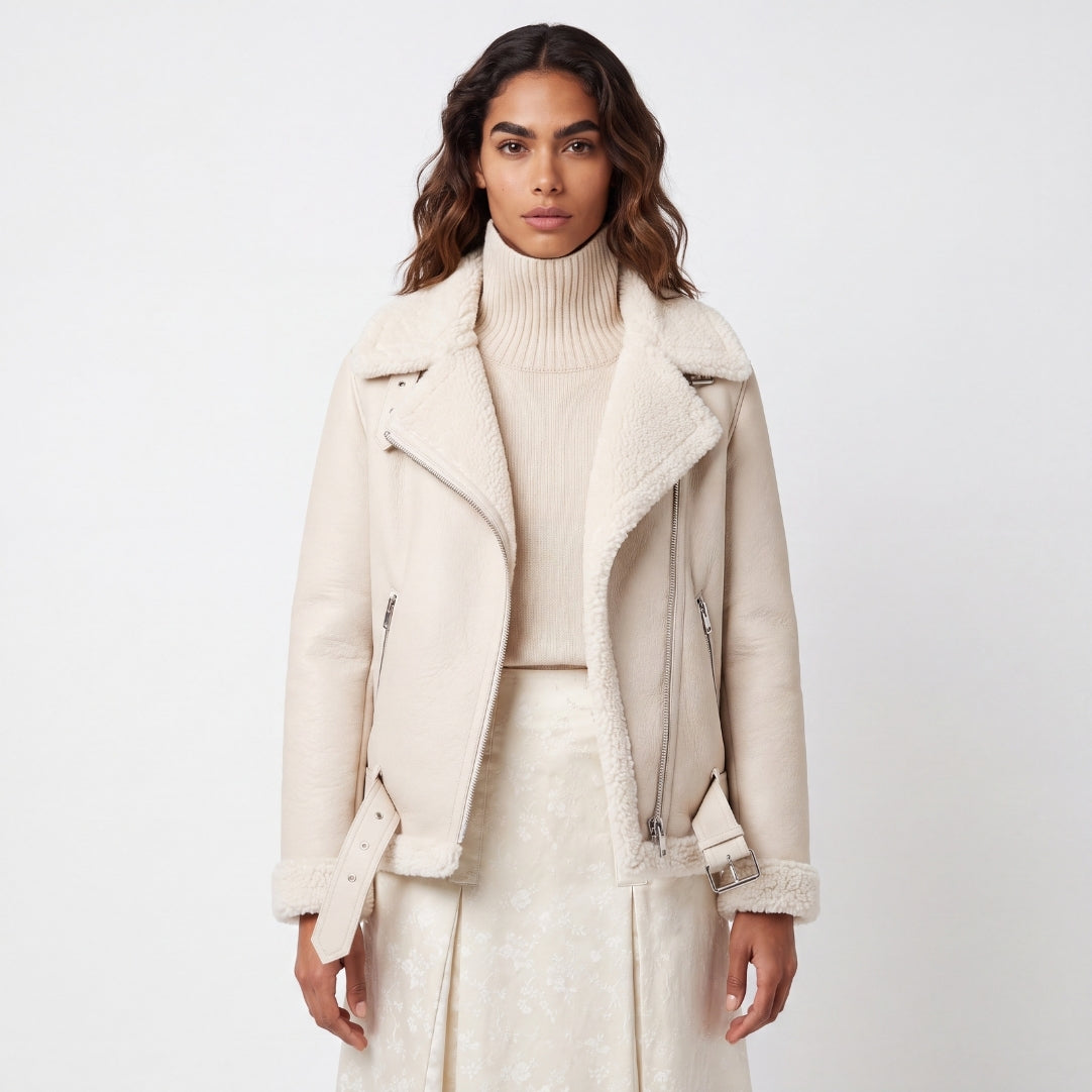 Elle Jolie Faux-Shearling Biker Jacket Beige RRP £269