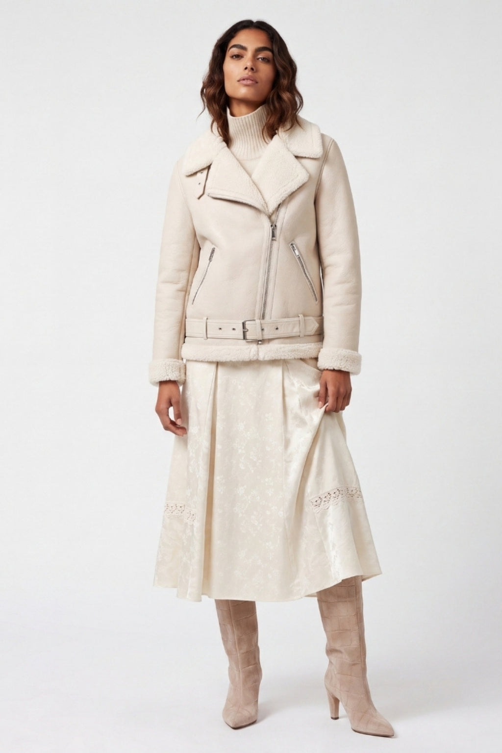 Elle Jolie Faux-Shearling Biker Jacket Beige RRP £269