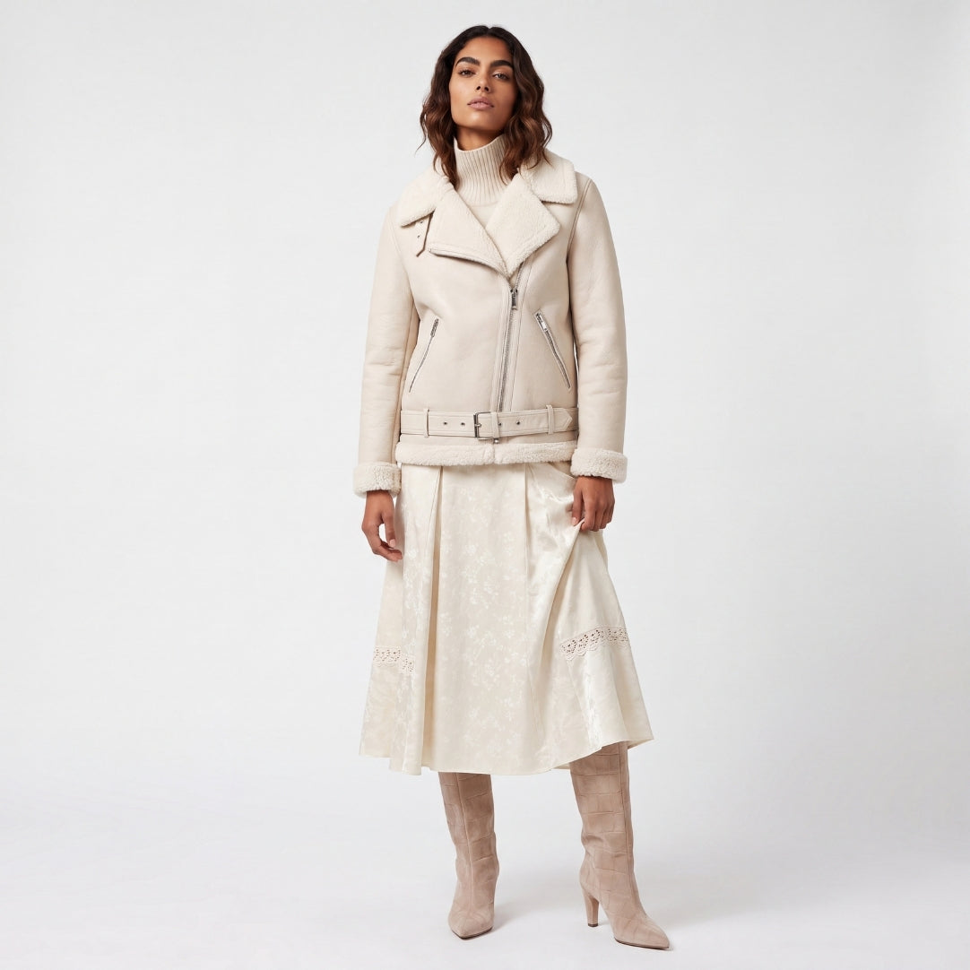 Elle Jolie Faux-Shearling Biker Jacket Beige RRP £269