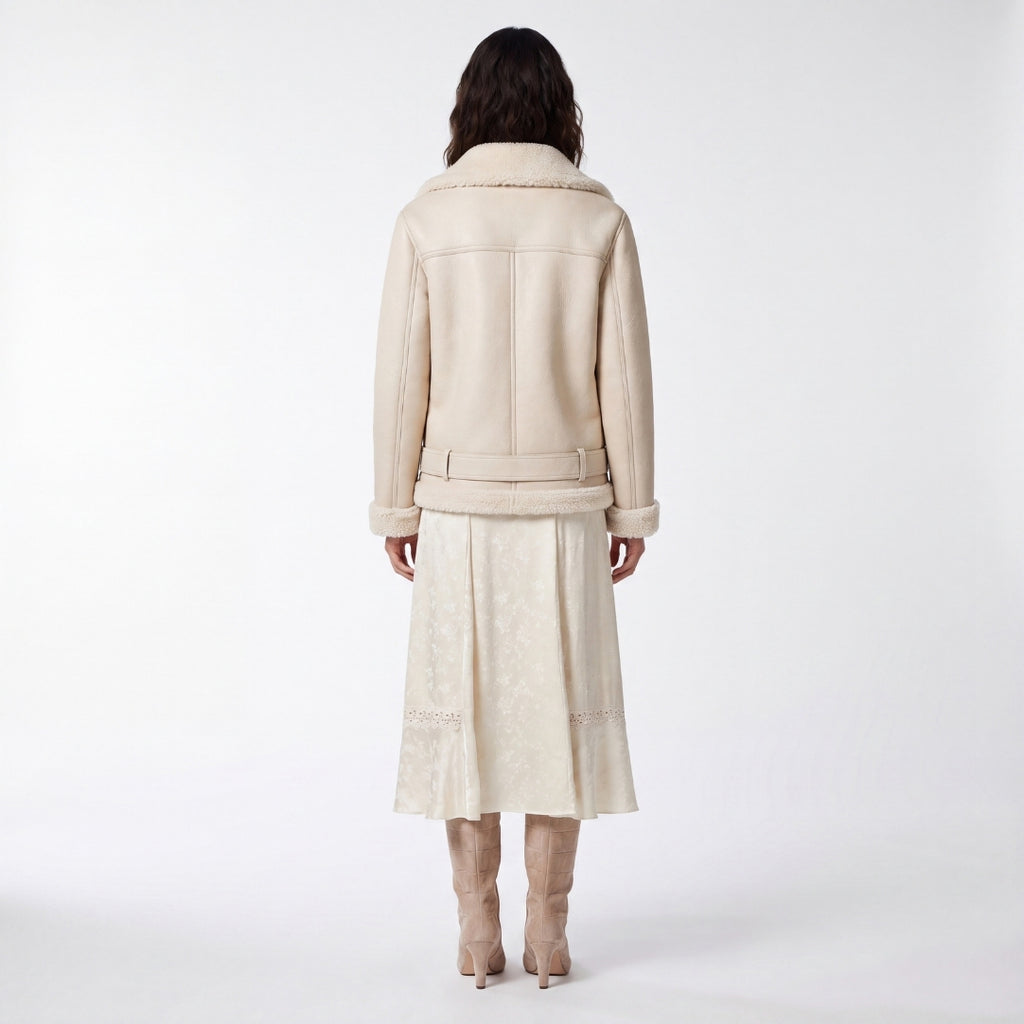Elle Jolie Faux-Shearling Biker Jacket Beige RRP £269