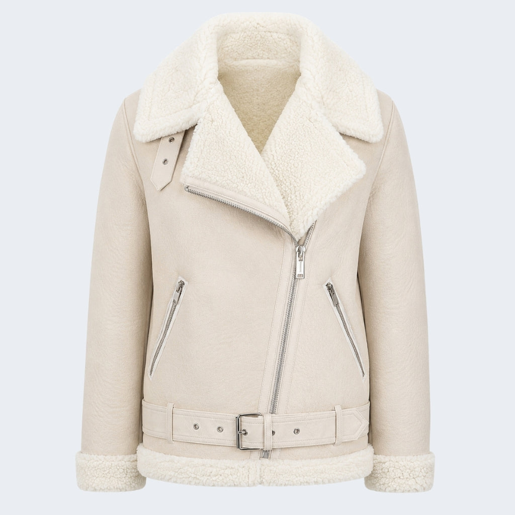 Elle Jolie Faux-Shearling Biker Jacket Beige RRP £269