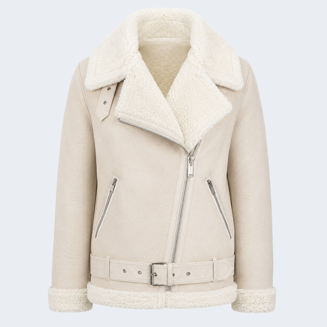 Elle Jolie Faux-Shearling Biker Jacket Beige RRP £269