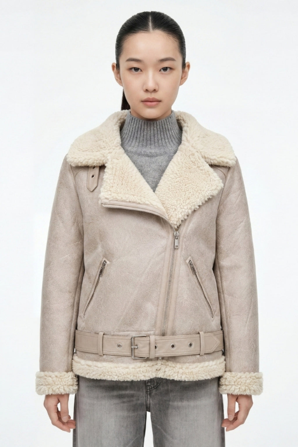 Elle Jolie Faux-Shearling Biker Jacket Grey RRP £269