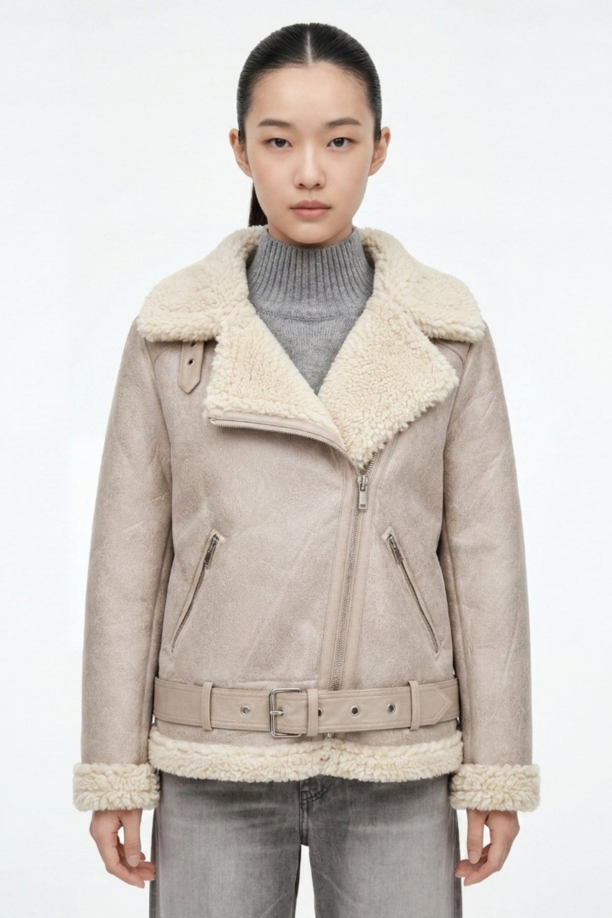 Elle Jolie Faux-Shearling Biker Jacket Grey RRP £269