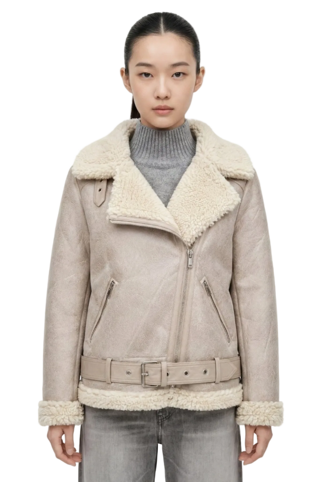 Elle Jolie Faux-Shearling Biker Jacket Grey RRP £269