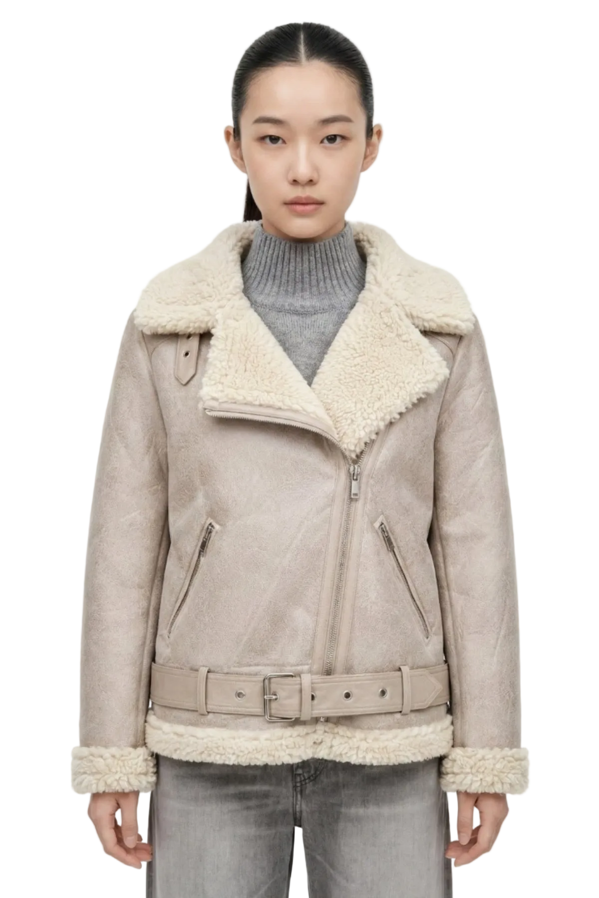 Elle Jolie Faux-Shearling Biker Jacket Grey RRP £269