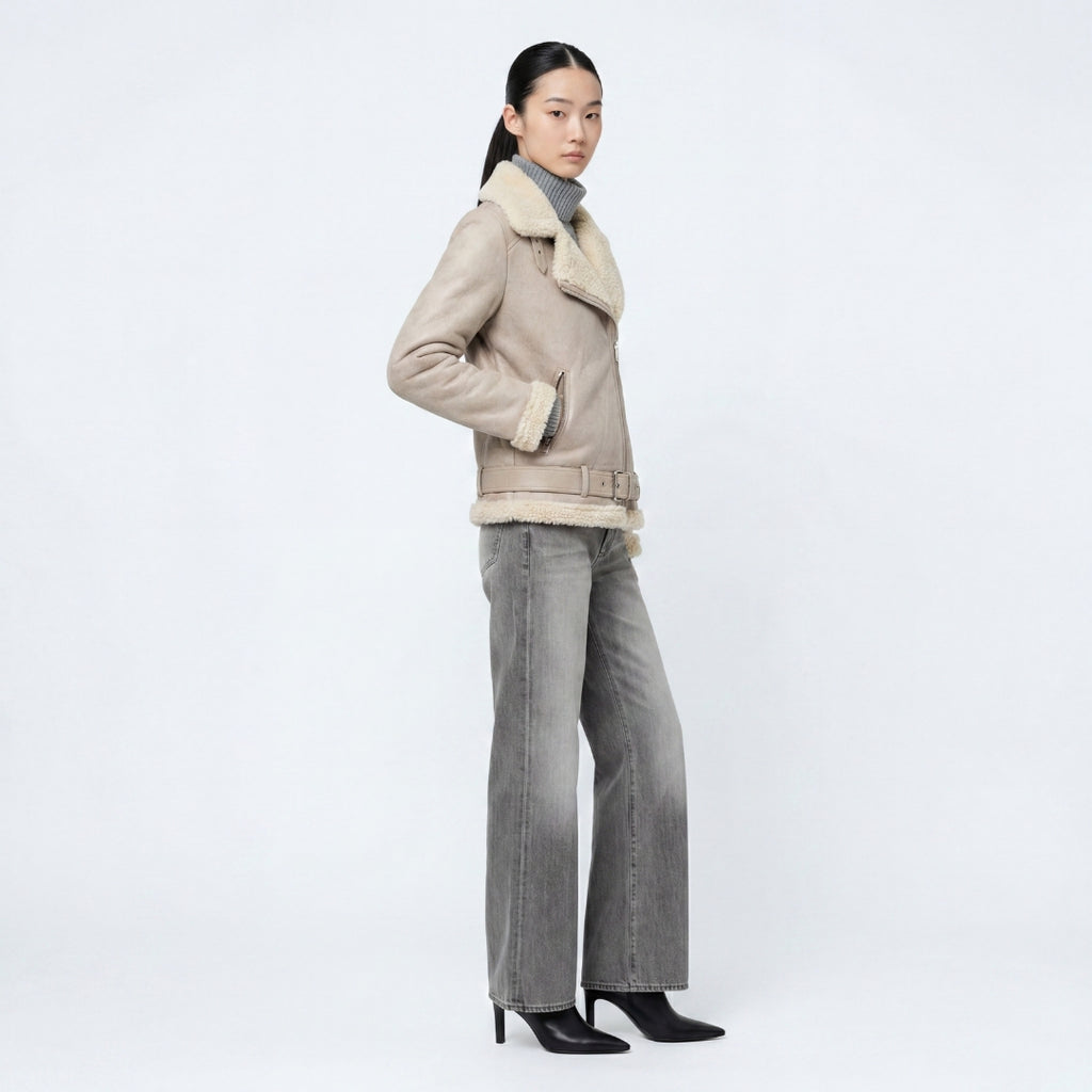 Elle Jolie Faux-Shearling Biker Jacket Grey RRP £269