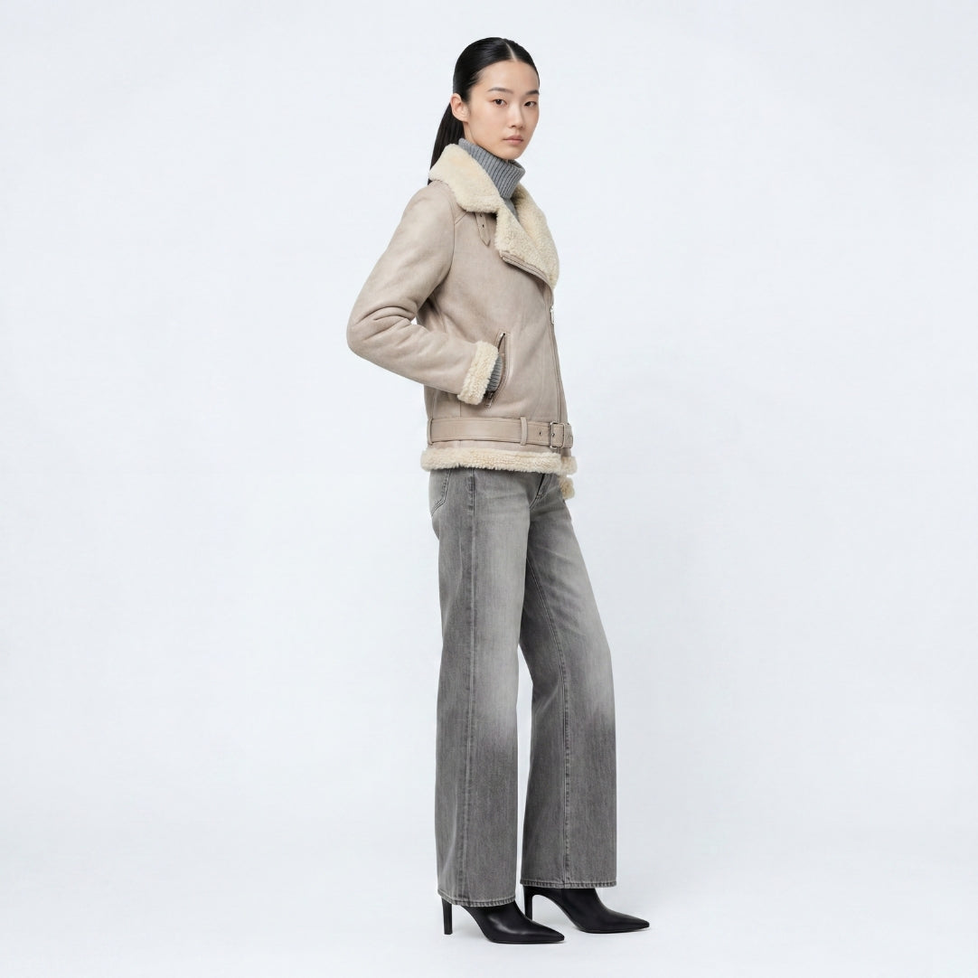 Elle Jolie Faux-Shearling Biker Jacket Grey RRP £269