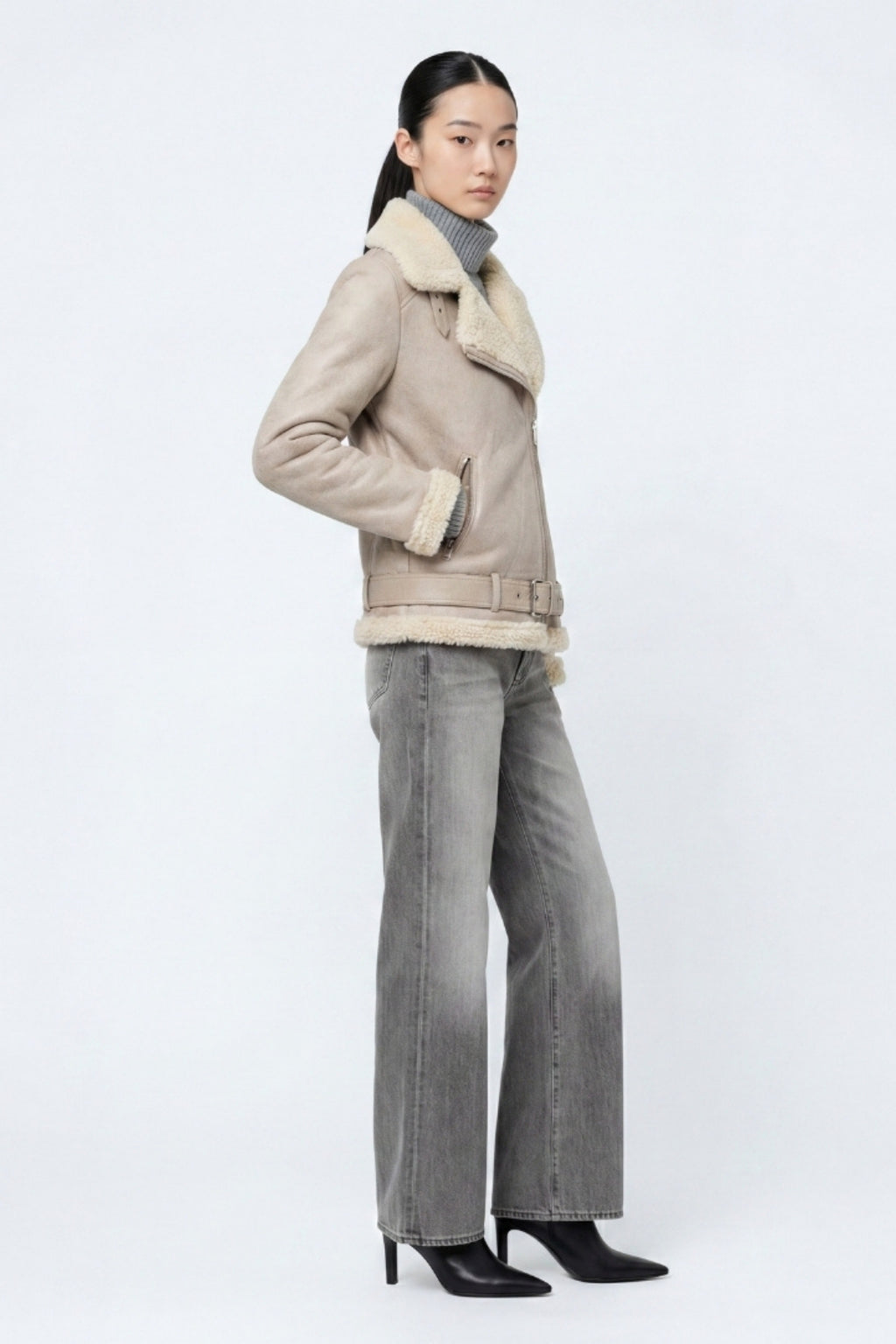 Elle Jolie Faux-Shearling Biker Jacket Grey RRP £269