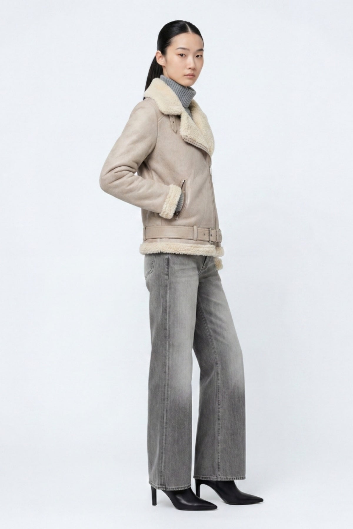 Elle Jolie Faux-Shearling Biker Jacket Grey RRP £269