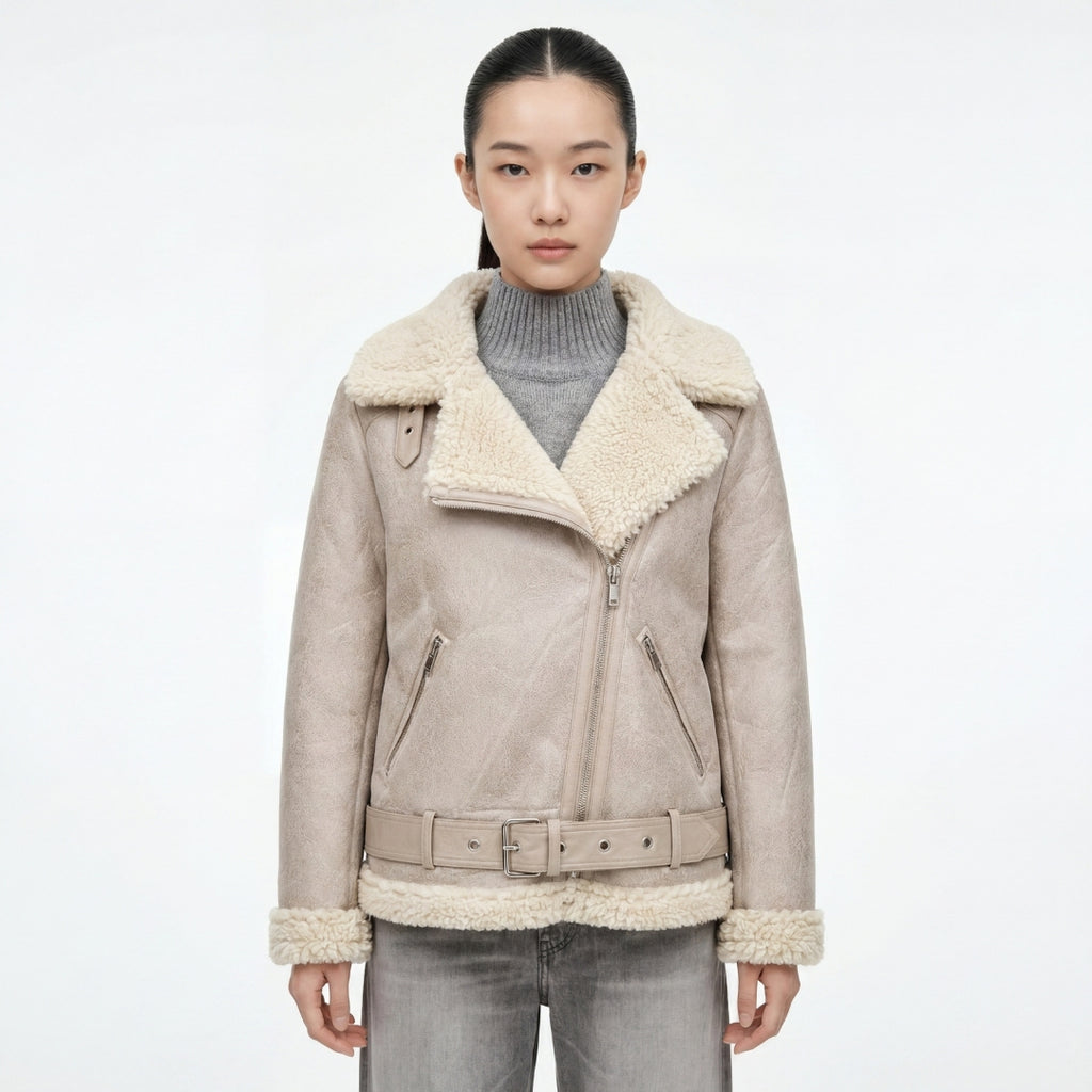 Elle Jolie Faux-Shearling Biker Jacket Grey RRP £269