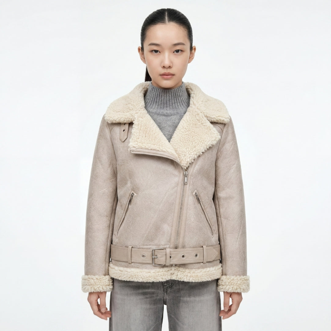Elle Jolie Faux-Shearling Biker Jacket Grey RRP £269