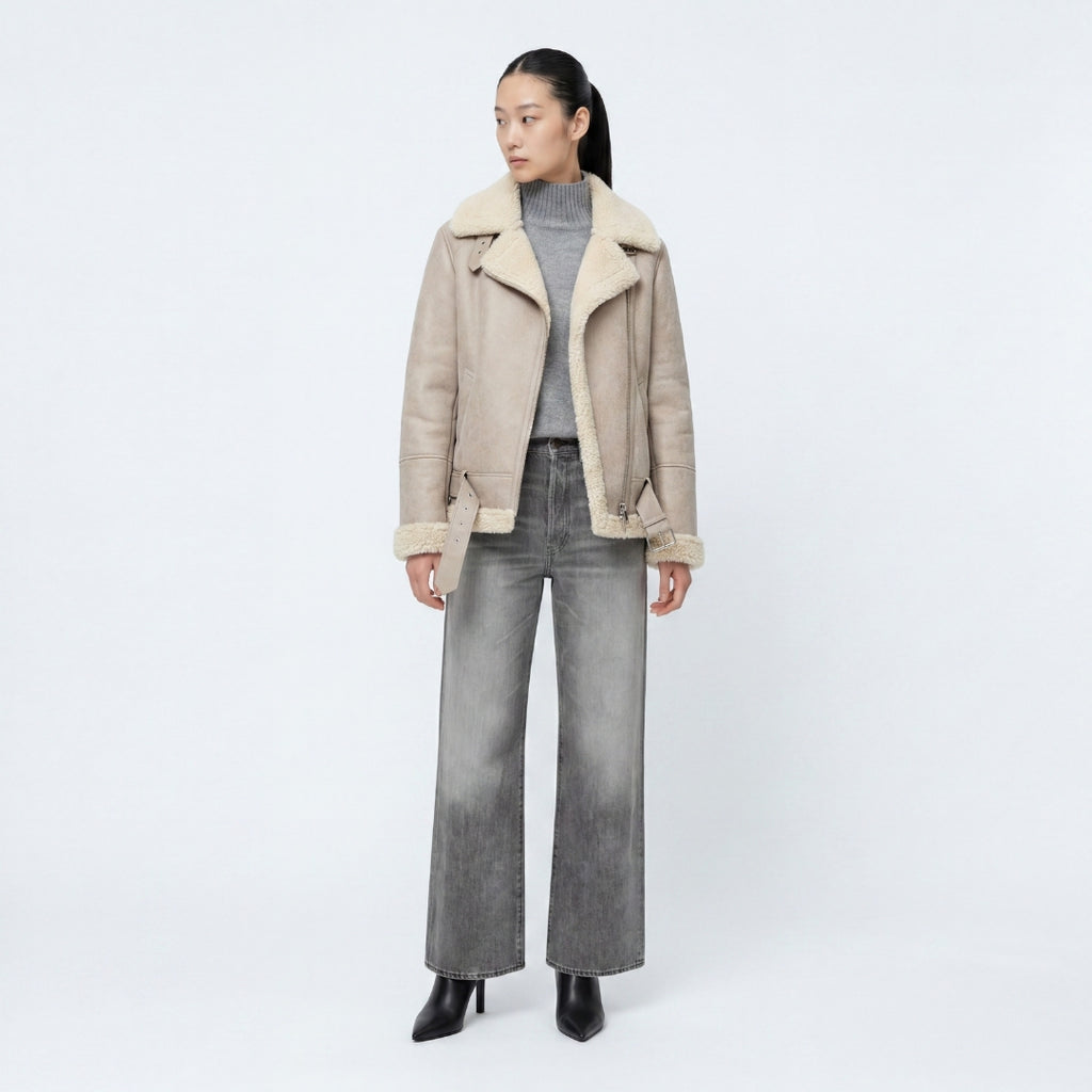 Elle Jolie Faux-Shearling Biker Jacket Grey RRP £269