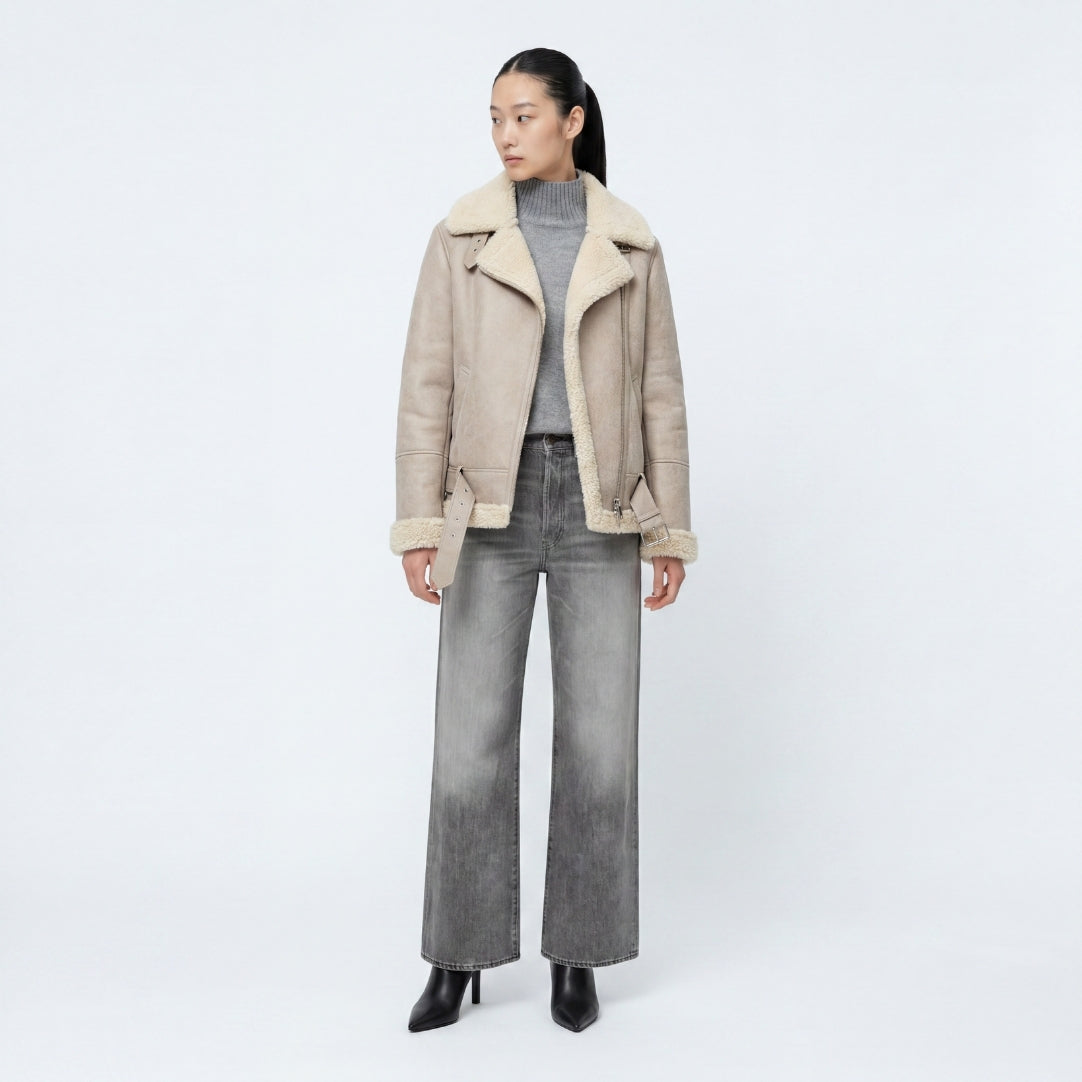 Elle Jolie Faux-Shearling Biker Jacket Grey RRP £269