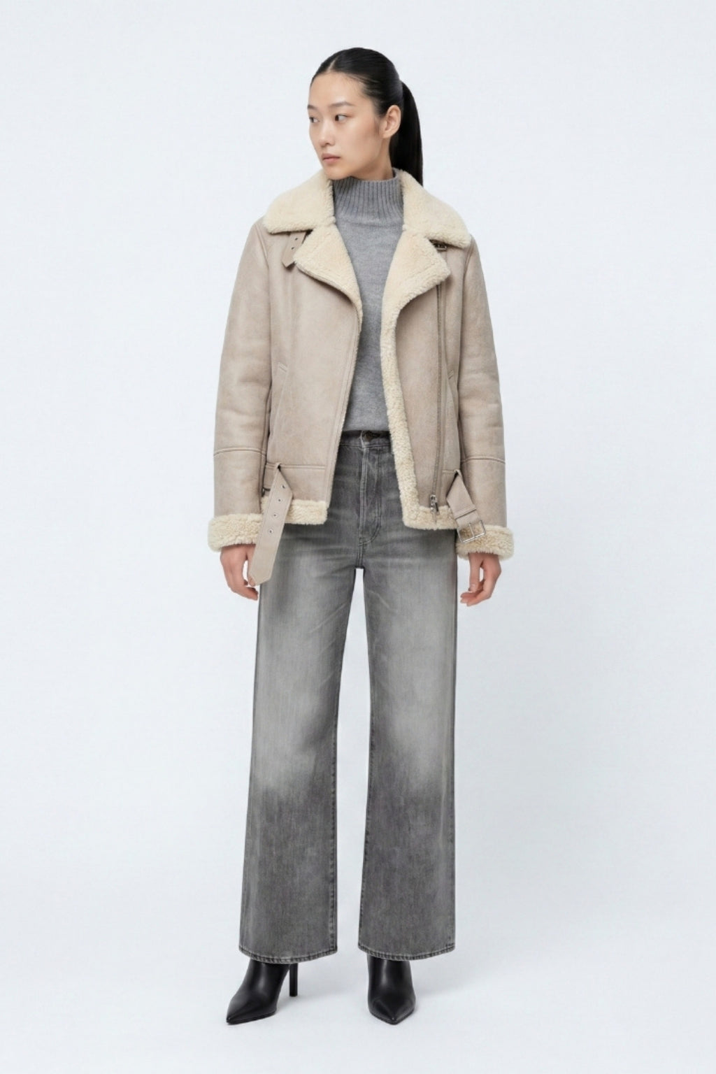 Elle Jolie Faux-Shearling Biker Jacket Grey RRP £269