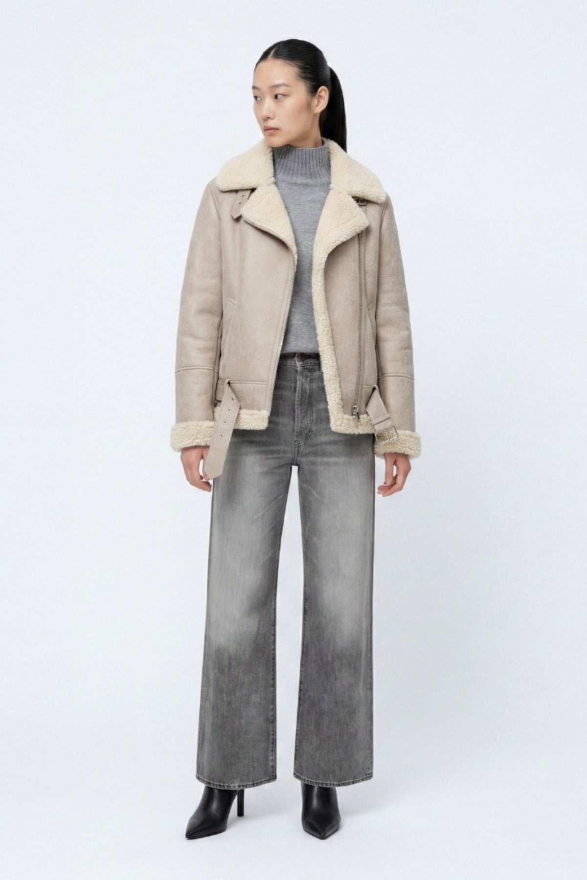 Elle Jolie Faux-Shearling Biker Jacket Grey RRP £269