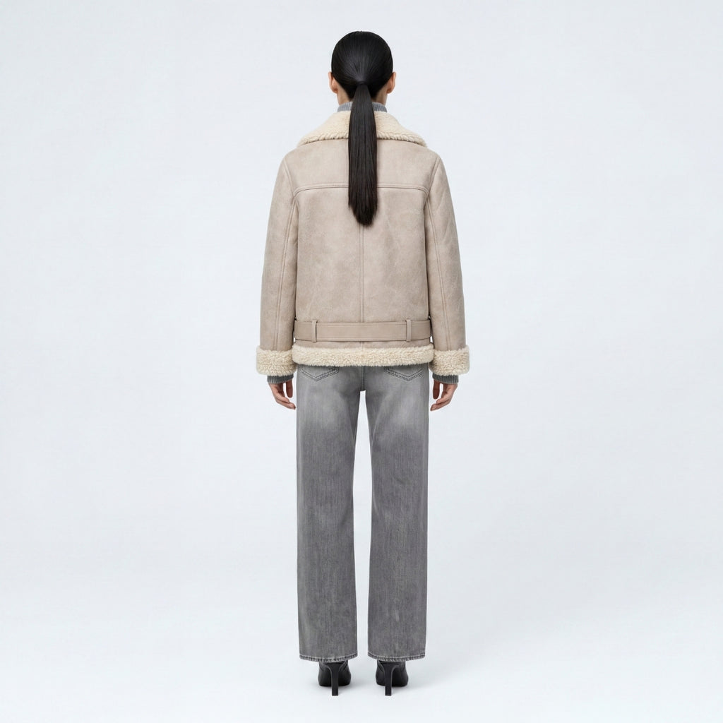 Elle Jolie Faux-Shearling Biker Jacket Grey RRP £269