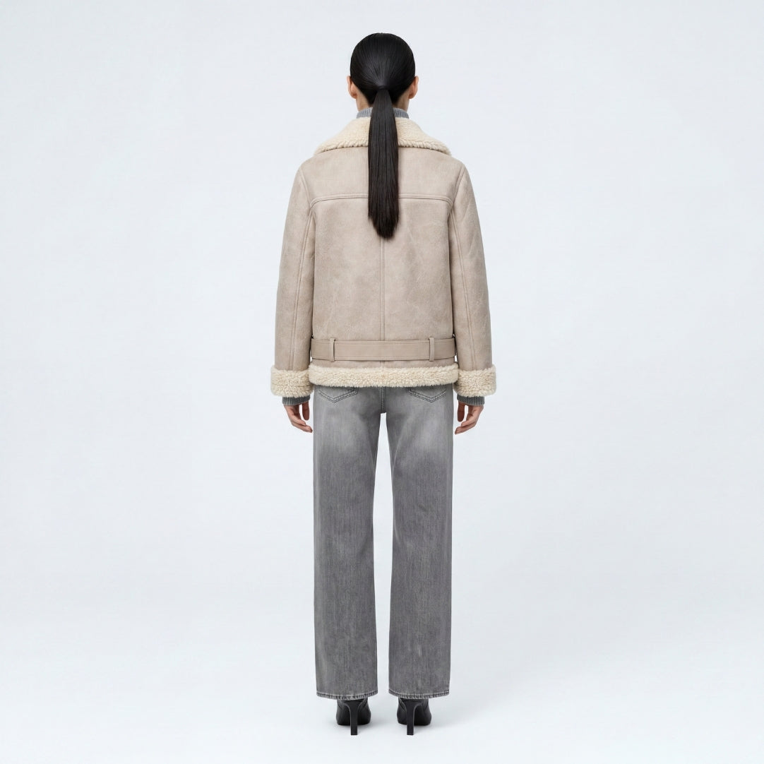 Elle Jolie Faux-Shearling Biker Jacket Grey RRP £269