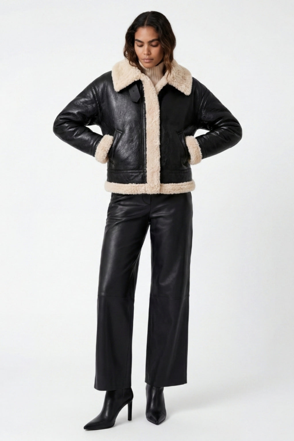 Elle Jocelyn Faux-Shearling Aviator Jacket Black RRP £269