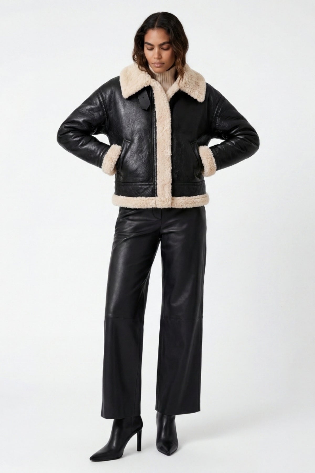 Elle Jocelyn Faux-Shearling Aviator Jacket Black RRP £269