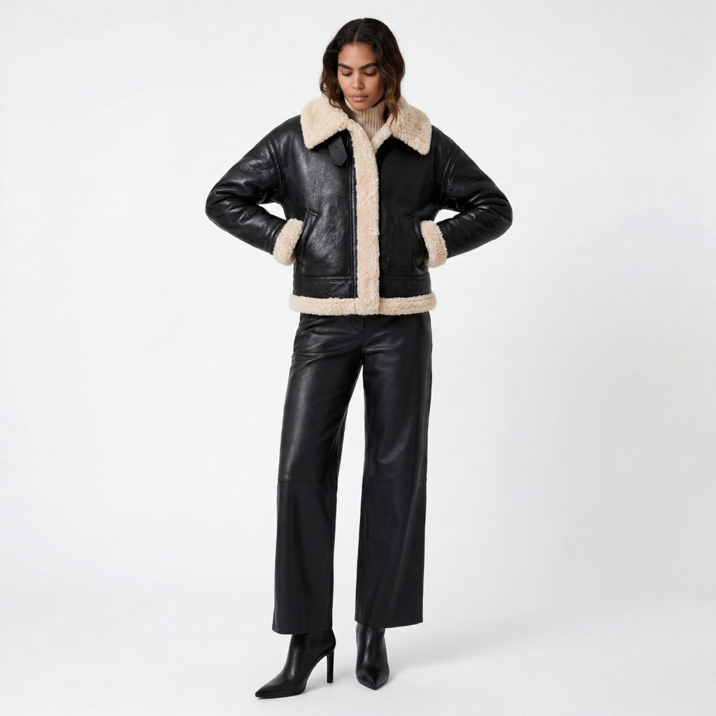 Elle Jocelyn Faux-Shearling Aviator Jacket Black RRP £269