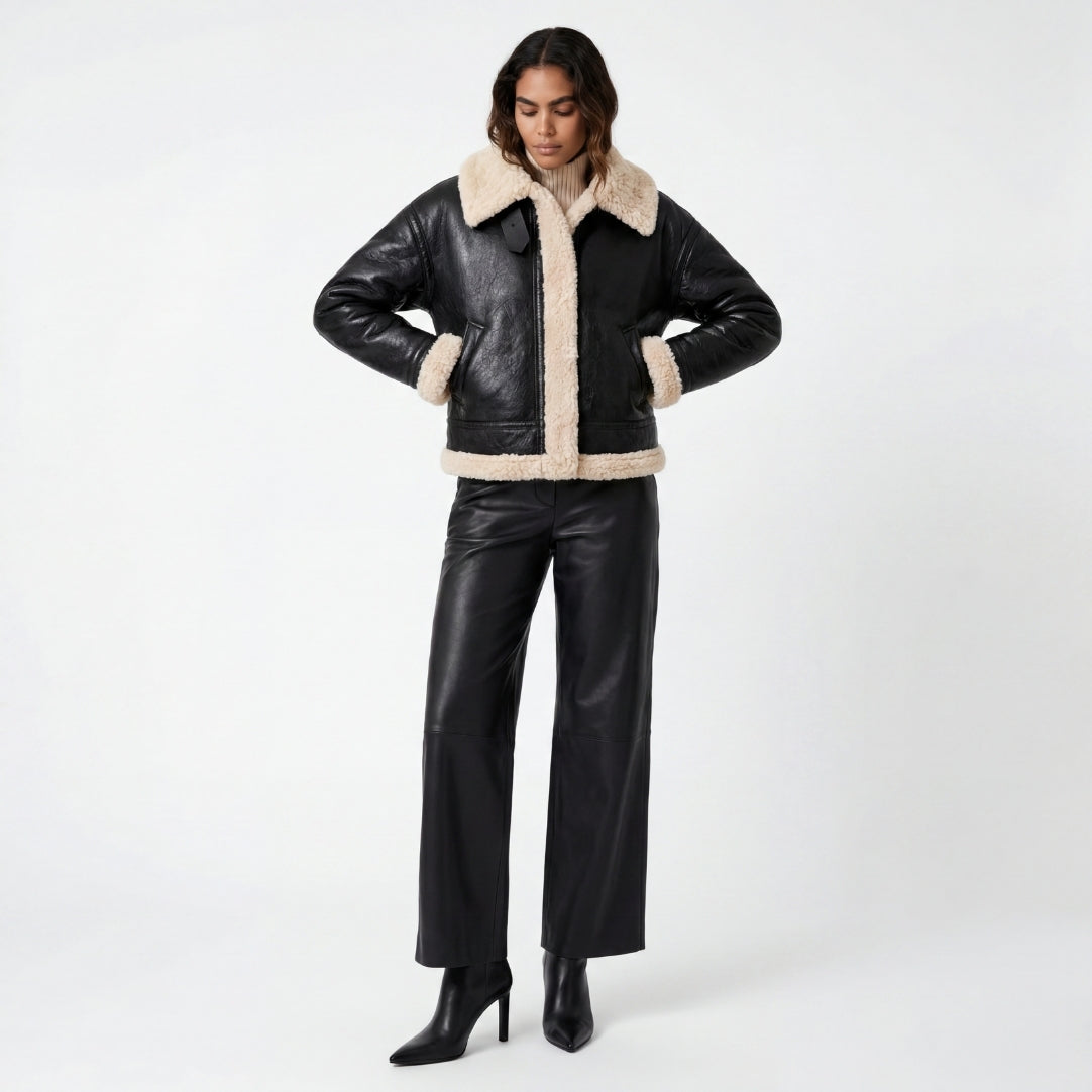 Elle Jocelyn Faux-Shearling Aviator Jacket Black RRP £269