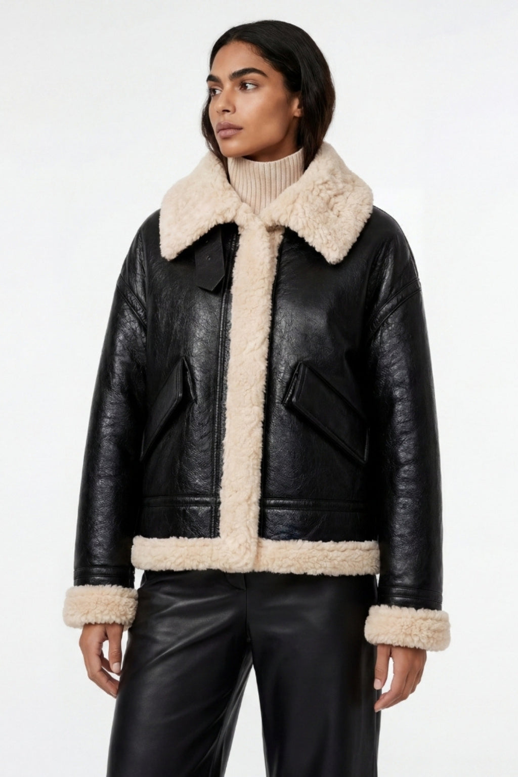 Elle Jocelyn Faux-Shearling Aviator Jacket Black RRP £269